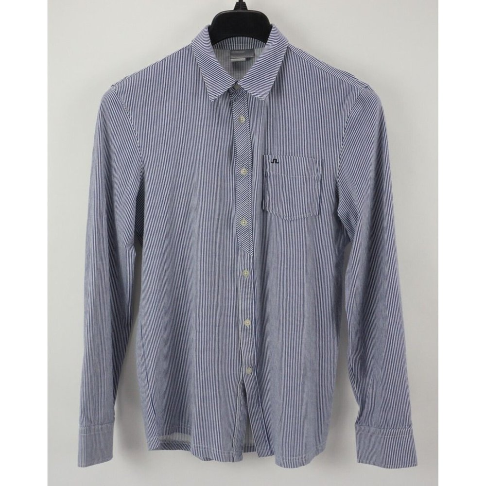 J.Lindeberg Men's Small Long Sleeve White Blue Pin-Stripe Jersey Button Up Shirt